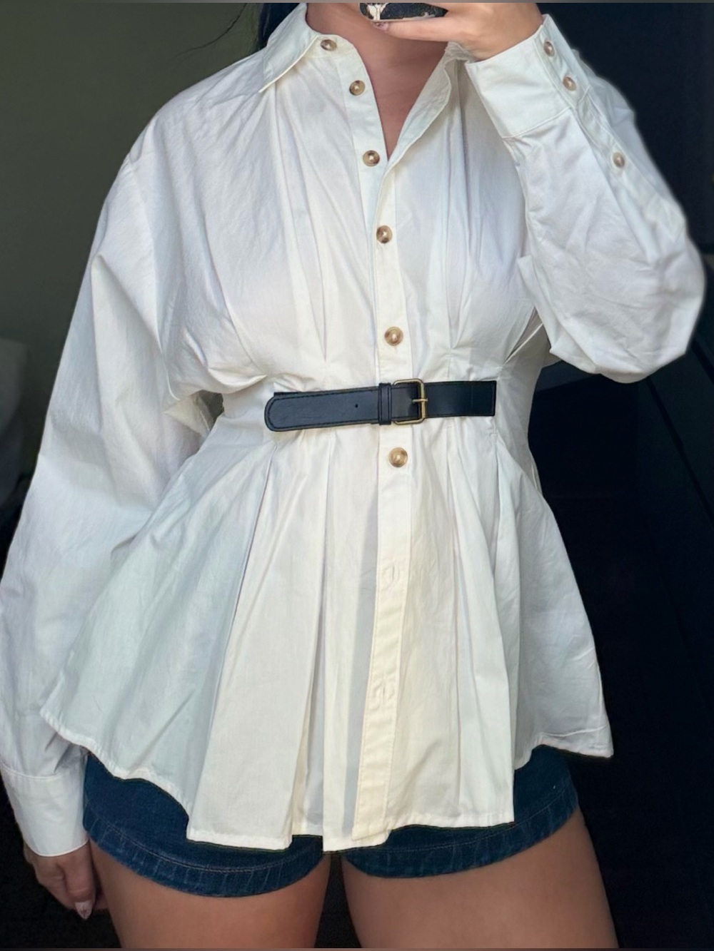 Anthropologie White Pleated Button-Front Peplum Shirt